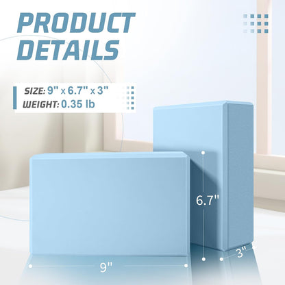 Yoga Blocks 2 Pack 3x6x9IN Foam Block Supportive Latex-Free with Beveled Edges, Non-Slip Exercise Blocks for Pilates, Meditation, Balance, Stretching and Deep Poses