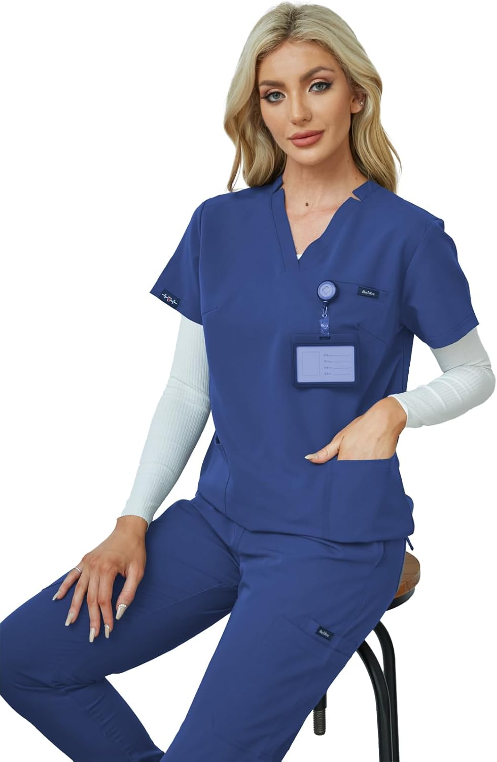 Women's V-Neck Scrubs Set With Cap, Stretchy Top and Jogger Pants, 11 Pockets Nursing Uniform