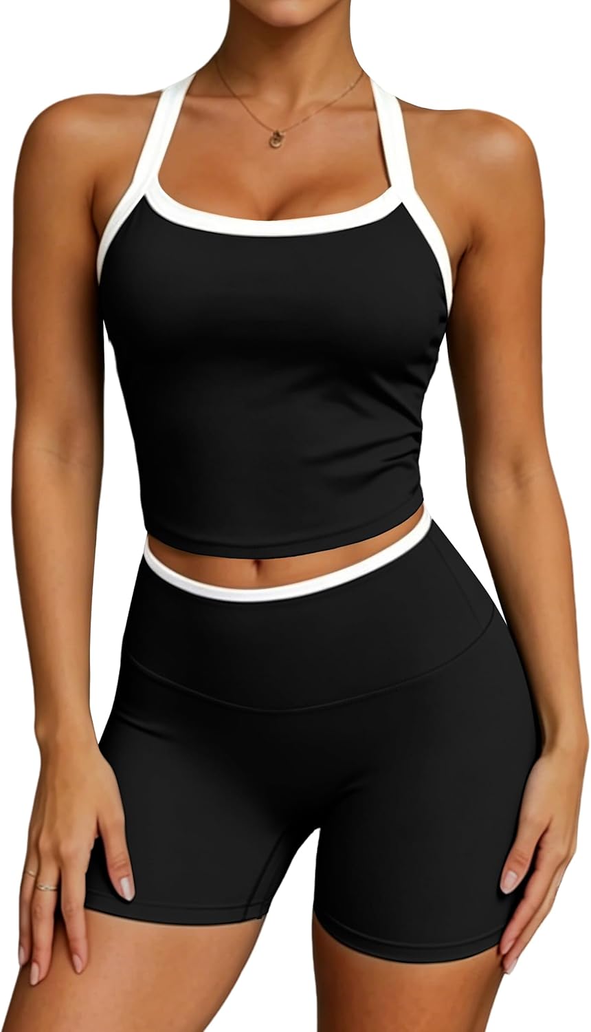 UOUA Womens Workout Set 2 Piece Gym Outfit High Waisted Tummy Control Shorts Halter Padded Sports Bra Tank Athletic Yoga Wear