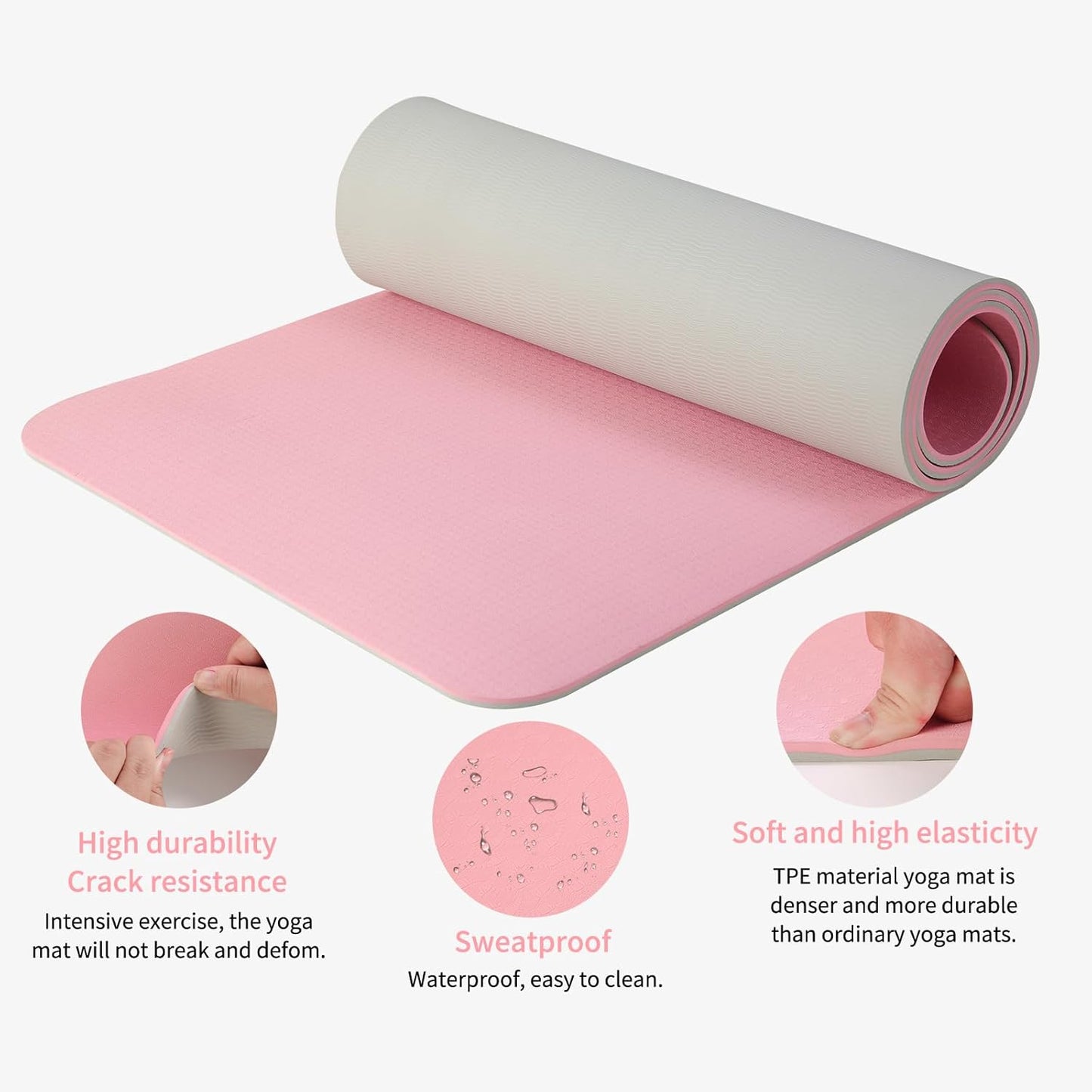 Thick TPE Yoga Mat, Non-Slip Eco-Friendly Exercise Mat with Carrying Strap for Yoga, Pilates and Home Workouts, Standard and Extra Wide Options