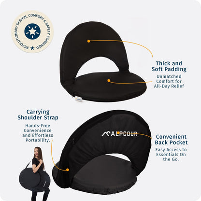 Alpcour Folding Stadium Seat – Deluxe Outdoor Camping Reclining Waterproof Cushion Chair for Bleachers – Best 6-Position Back Support Picnic Bleacher Seats w/Extra Thick Padding for Support & Comfort