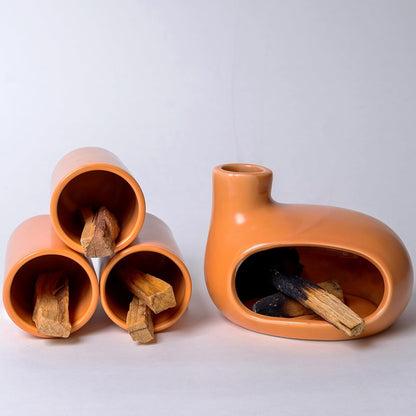 MOUGIGI Terracotta Palo Santo Holder - Modern Chiminea Incense Burner for Yoga, Meditation, and Energy Cleansing - Wood Sticks Dish, Sage Ash Catcher, Smudge Bowl, Cone Burner - Unique Meditation Gift