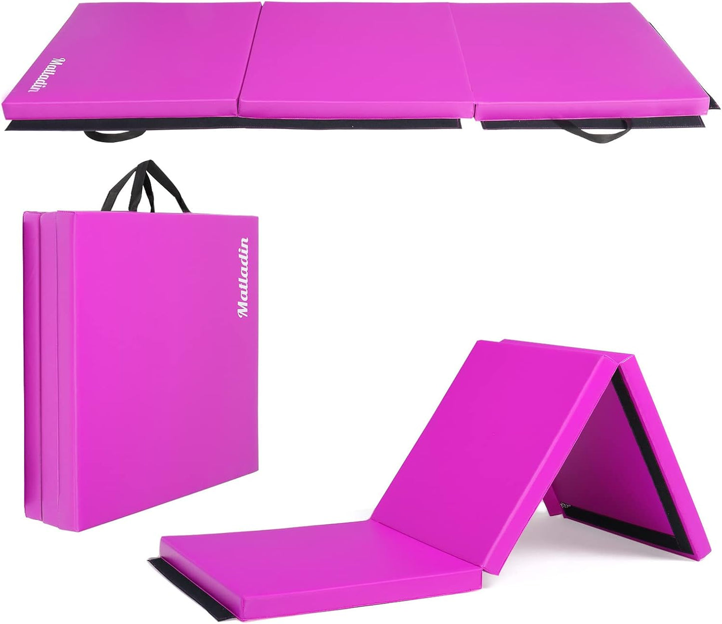 Matladin 6' Folding Tri-fold Gymnastics Gym Exercise Aerobics Mat, 6ft x 2ft x 2in PU Leather Tumbling Mats with Hook & Loop Fastener for Stretching Yoga Cheerleading Martial Arts