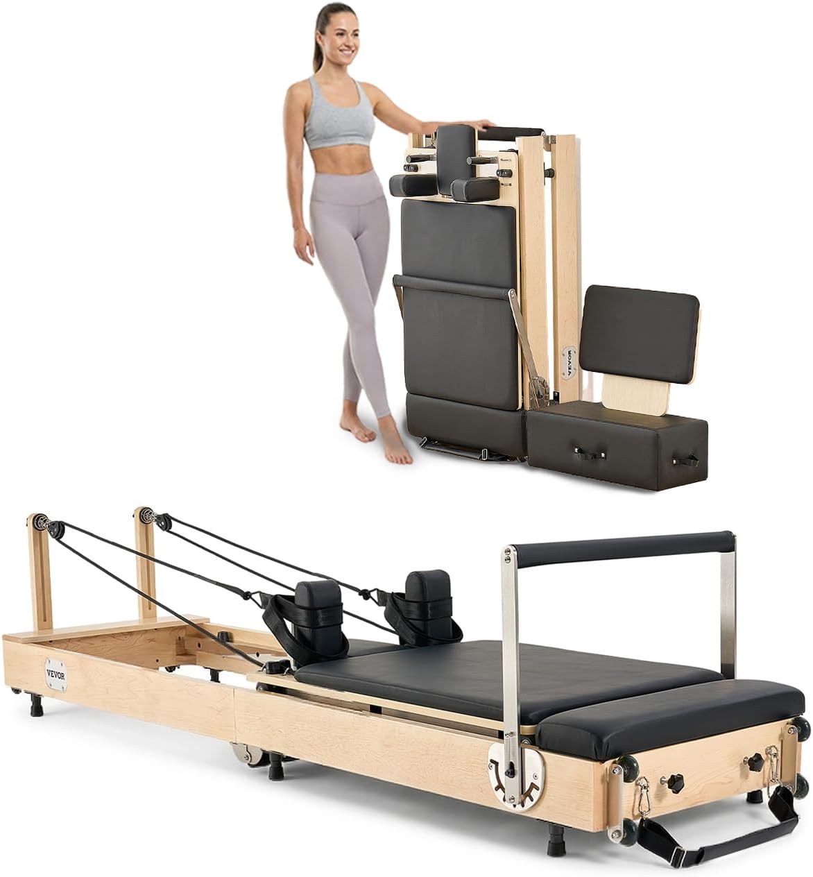 VEVOR Pilates Reformer, Reformer Pilates Machine with Cadillac Trapeze Table or Tower & Mat, Pilates Equipment for Home Workout and Studio, Includes Jump Board，Sitting Box