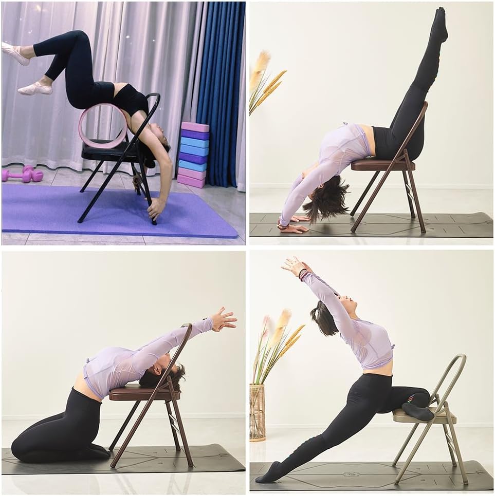 Yoga Chair,Pilates Chair,Yoga Chair Iyengar,Backless Yoga Chair Prop,Folding Stools with Foot Pads,Double Beam Backless Yoga Auxiliary Chair,Pink