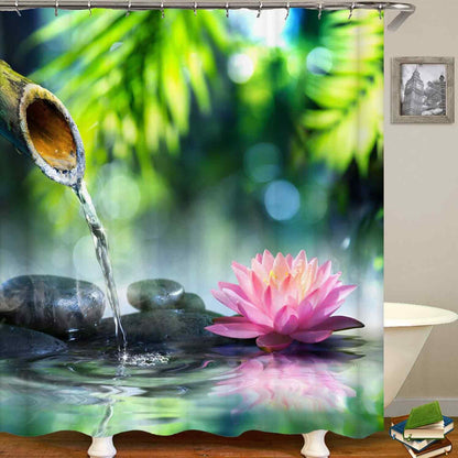 4PCS Spa Zen Shower Curtain Sets with Rugs, White Shower Curtain, Pink Floral Orchid Lotus Water Lily Stone Bamboo Water Reflection Yoga Massage Relaxing Spiritual Meditation Bathroom Decor
