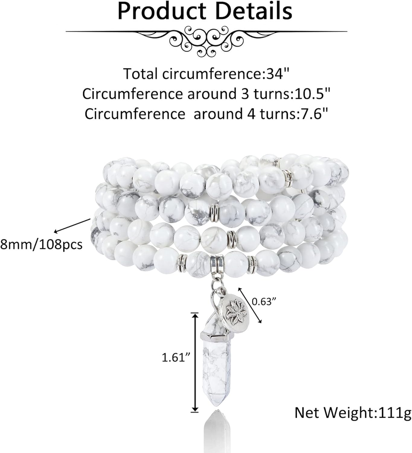 Jovivi 108 Mala Beads Bracelet 8mm Natural Amethyst Rose Quartz Healing Crystal Stone Mala Prayer Bead Necklace Hexagonal Prism Gemstone Reiki Pointed Pendant for Yoga Meditation Energy Balancing
