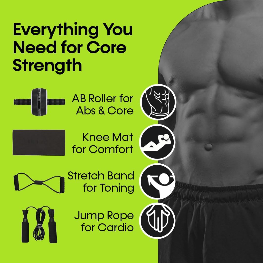 Ab Roller Wheel – 4-in-1 Ab Roller Kit with Knee Mat, Jump Rope & Resistance Band – Core & Abs Workout Equipment for Home Gym – Abdominal Exercise Wheel for Men & Women