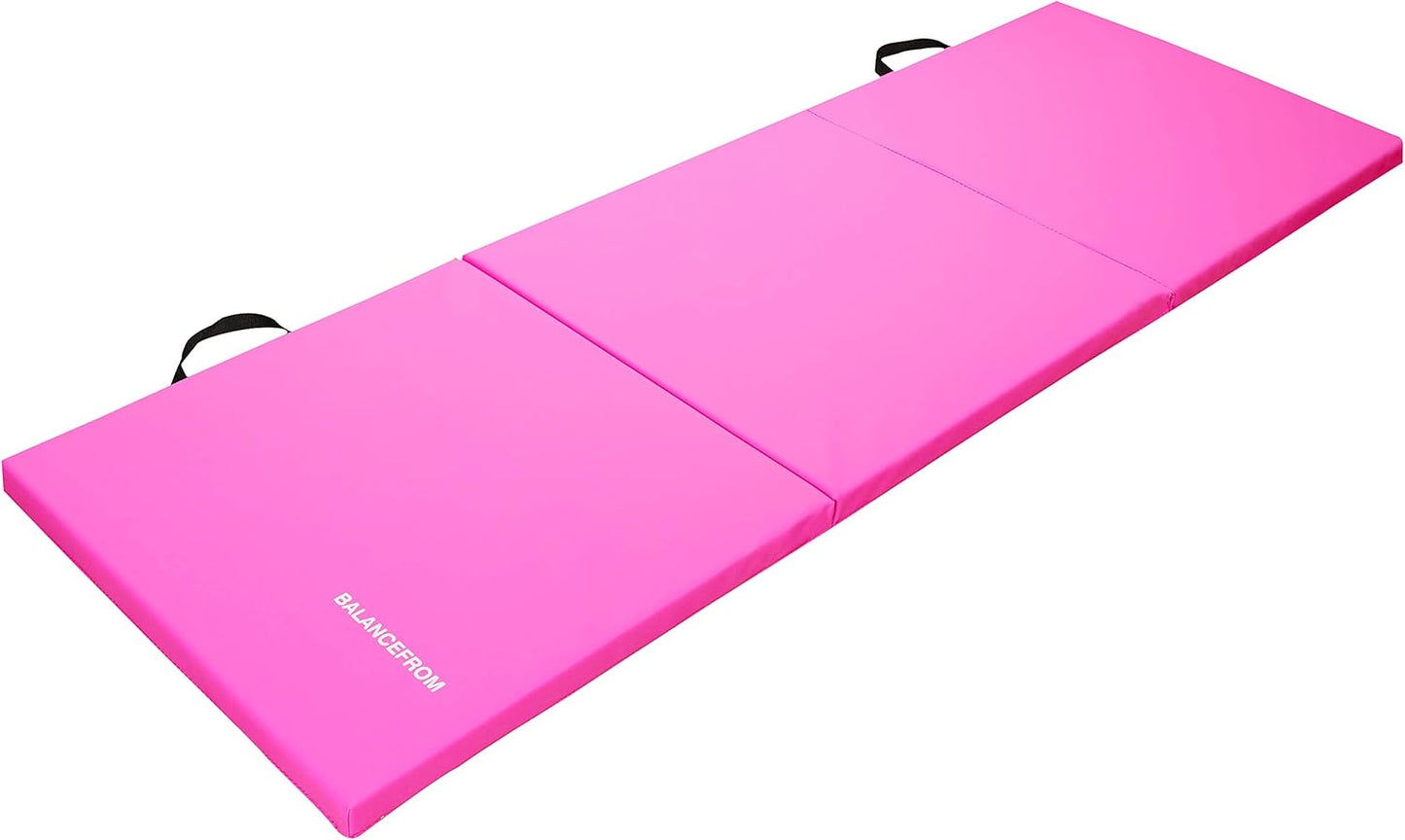 BalanceFrom 6x2 Feet 3-Panel Folding Gymnastics Mat – 1.5-Inch Thick Pad with Vinyl Surface and Carrying Handles for Tumbling, Yoga, Pilates, Home Workouts, and Martial Arts