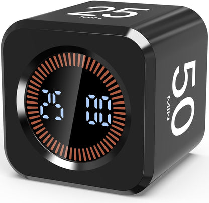 Digital Pomodoro Timer Cube 5/10/25/50min, Visual Productivity Flip Timer for Kids Classroom Desk, Custom Countdown, Silent and Sound Mode for ADHD Study Work Game Kitchen (Black)