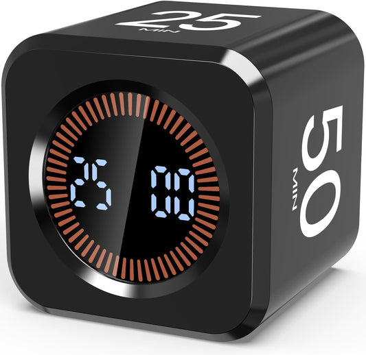 Digital Pomodoro Timer Cube 5/10/25/50min, Visual Productivity Flip Timer for Kids Classroom Desk, Custom Countdown, Silent and Sound Mode for ADHD Study Work Game Kitchen (Black)