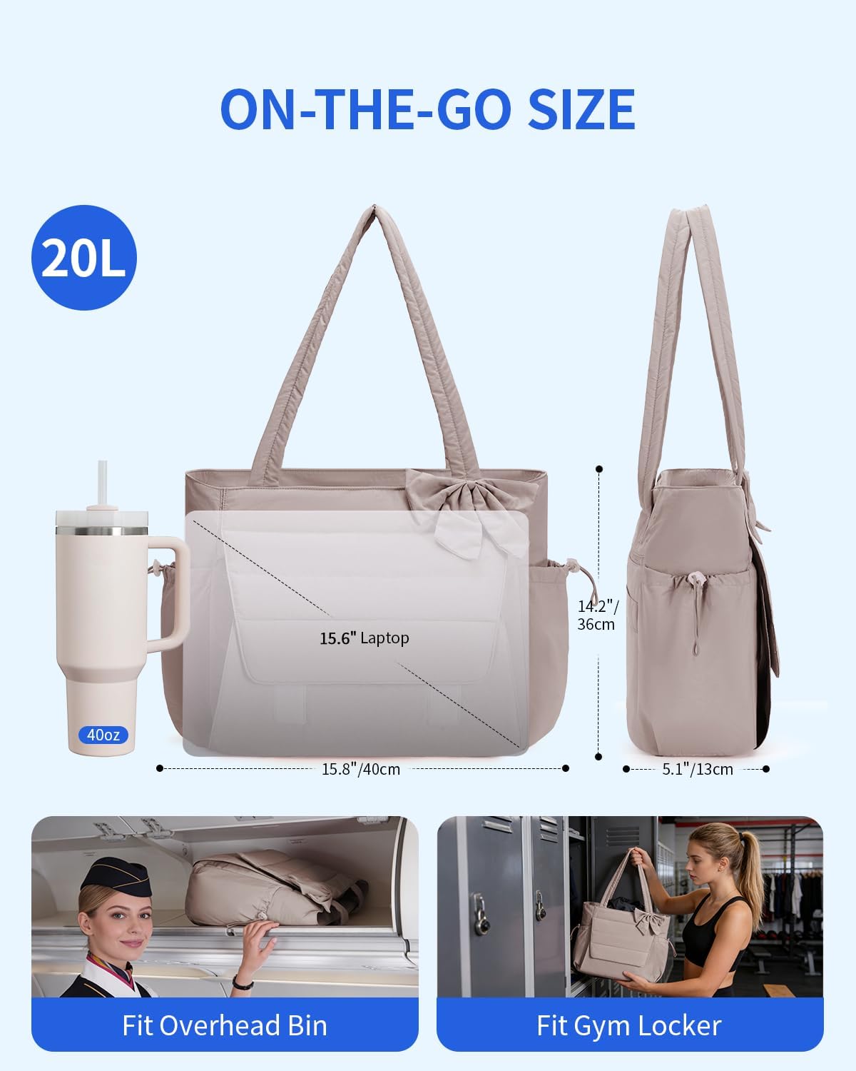 Wandering Nature Bow Tote Bag for Work Fits 40oz Tumbler, Yoga Bag with Wet Pocket & Yoga Mat Pocket, Commute, Gym, Travel