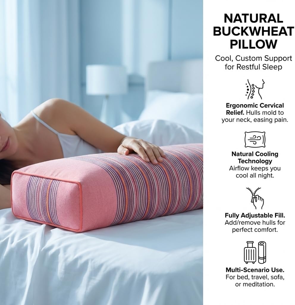 Adjustable Buckwheat Hull Pillow for Neck Pain Relief (21x8x4in) Natural Cooling Cervical Support Organic Pillow for Side & Back Sleepers with Night Sweats (Grey)