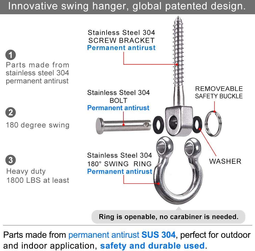 SELEWARE Heavy Duty 180° Swing Hangers, Stainless Steel Eye Screw Bracket, 1800 LB Capacity Playground Yoga Hammock Rope Tire Web Chair Sandbag Punching Bag Porch Swing Sets (6 Pack)