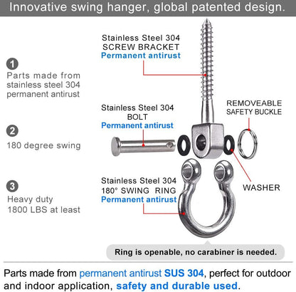 SELEWARE Heavy Duty 180° Swing Hangers, Stainless Steel Eye Screw Bracket, 1800 LB Capacity Playground Yoga Hammock Rope Tire Web Chair Sandbag Punching Bag Porch Swing Sets (6 Pack)