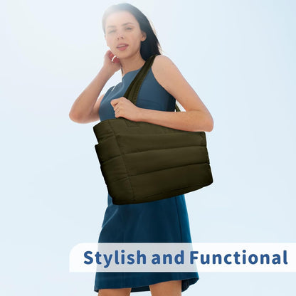 TOPDesign Puffer Tote Bag for Women, Lightweight Puffy Handbag with Compartments, Quilted Shoulder Bag for Work, Travel, Gym - Colors A