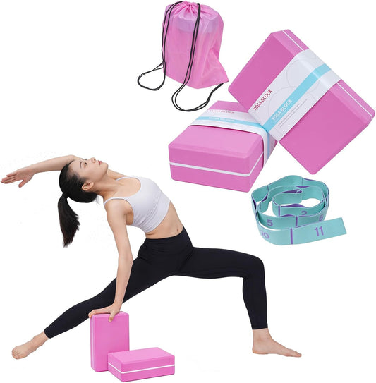 2 Pack Yoga Blocks 350g High Density, Non-Slip EVA Foam Brick with Bonus 11 loops Yoga Strap & Carry Bag, Pilates Block Set for Balance, Flexibility, Meditation, Home Gym & Studio