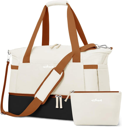 ETRONIK Gym Bag for Women, Personal Item Travel Bag with Shoes Compartment, Weekender Overnight Duffel Bag with Wet Pocket, Carry On Bag for Women, Travel, Gym, Weekend (Beige)