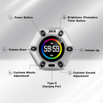 Jack Pomodoro Timer - Productivity Cube, Visual Focus Timer, Mute & Vibration & Adjustable Sound Alert, for Office, ADHD, Study, Work, 3/5/10/25/30/60min & Custom Countdown - Black