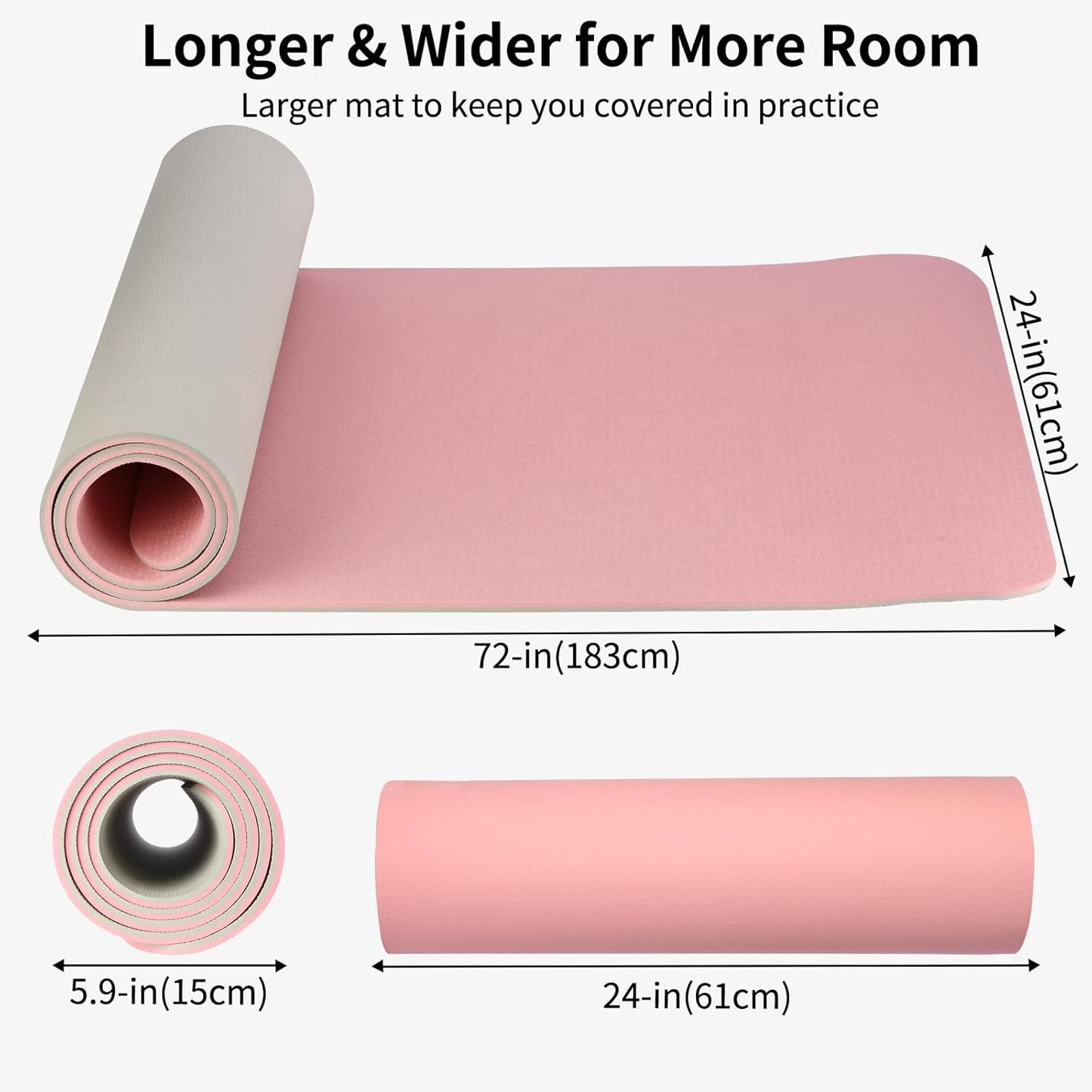 Thick TPE Yoga Mat, Non-Slip Eco-Friendly Exercise Mat with Carrying Strap for Yoga, Pilates and Home Workouts, Standard and Extra Wide Options