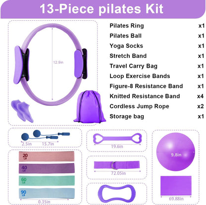 Home Pilates Kit for Women, Workout Set with 12.9" Ring, 9.8" Mini Ball, 4 Fabric Bands, Figure-8 Band, Stretch Band, D-Ring Strap, Cordless Jump Rope, Socks, Carry Bag