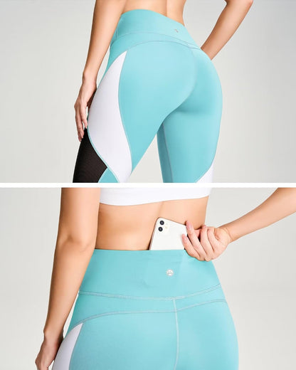 QUEENIEKE Women Yoga Pants Color Blocking Mesh Workout Running Leggings Tights
