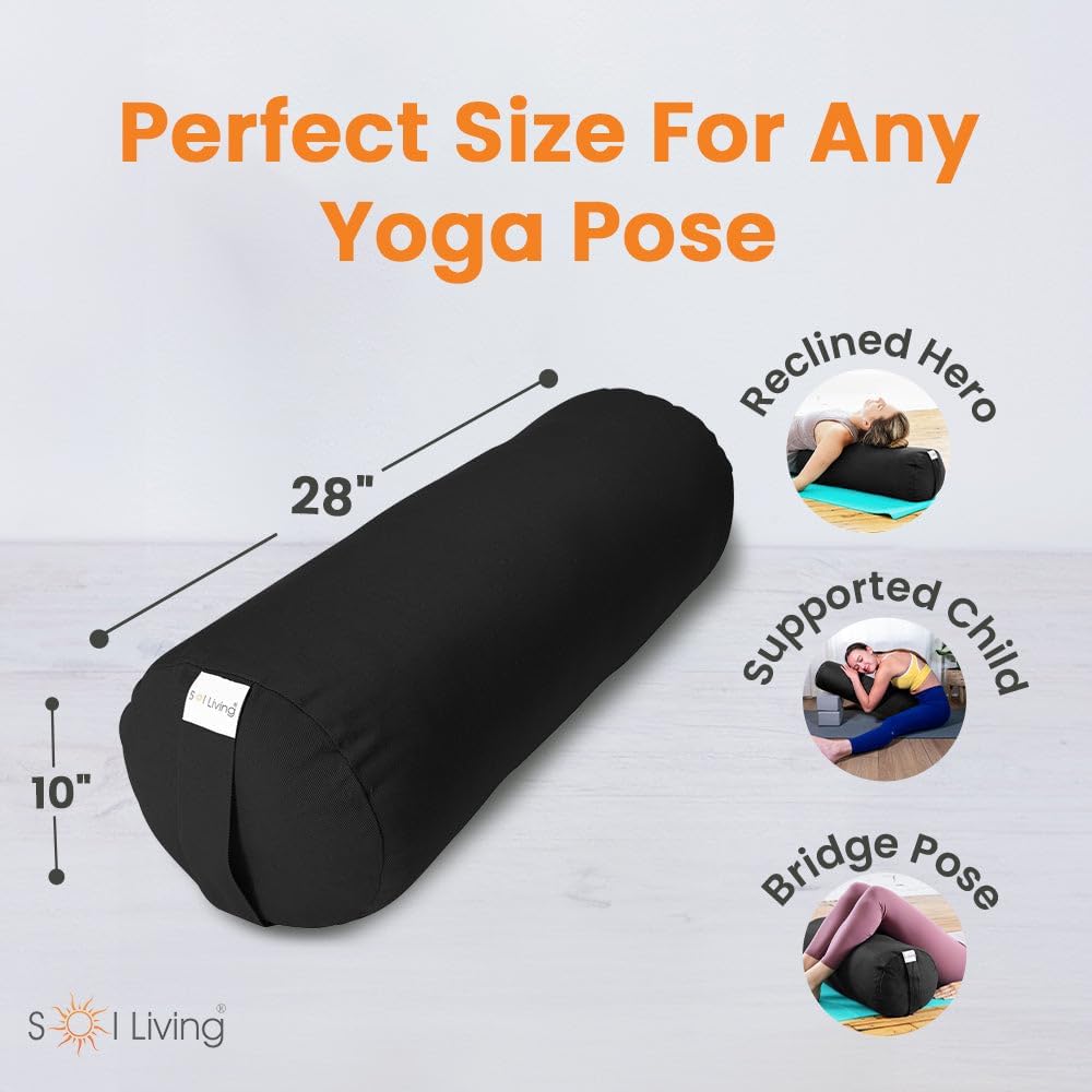 Sol Living Yoga Bolster Pillow for Meditation and Restorative Yoga - 100% Cotton, Cylindrical, Firm Cushion with Washable Cover for Balance and Support