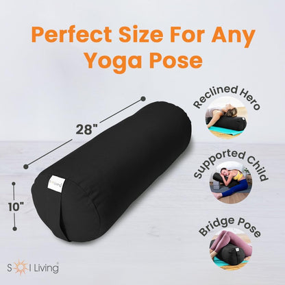 Sol Living Yoga Bolster Pillow for Meditation and Restorative Yoga - 100% Cotton, Cylindrical, Firm Cushion with Washable Cover for Balance and Support