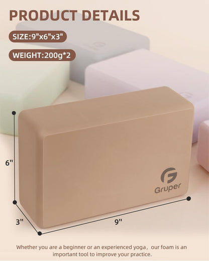 Gruper Yoga Blocks 2 Pack, 9"x6"x3" Exercise Blocks High-Density EVA Foam Blocks with Soft Non-Slip Surface, Lightweight Yoga Props for Yoga Pilates Meditation & Stretching