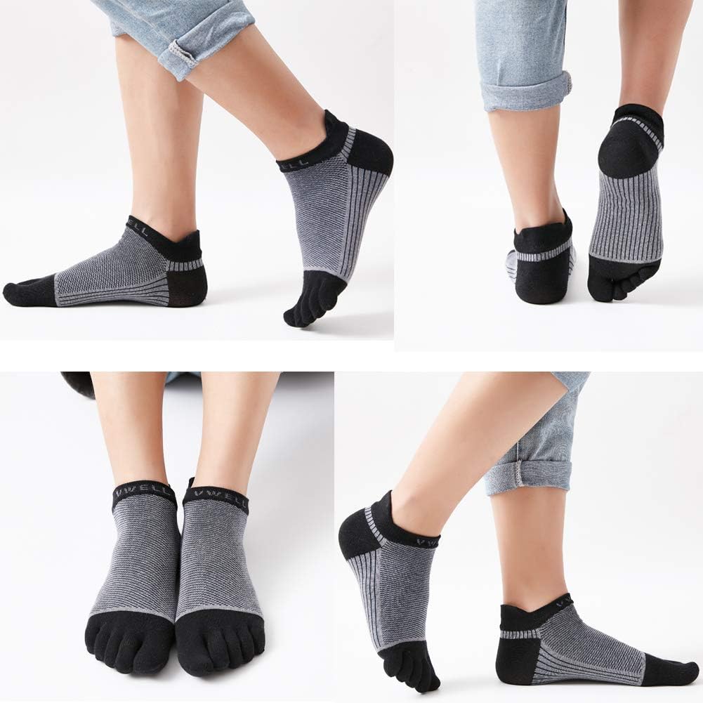 VWELL Cotton Toe Socks Five Finger Socks No Show Crew Athletic Running Socks 4 Pairs,Size 7-11