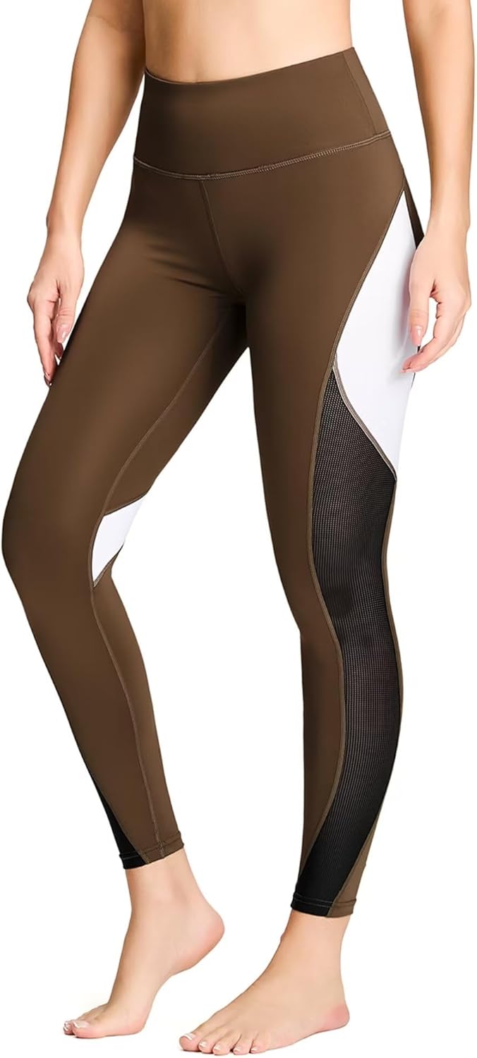 QUEENIEKE Women Yoga Pants Color Blocking Mesh Workout Running Leggings Tights
