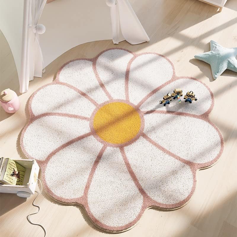 White Flower Shaped Rug, Cute Round Indoor Rug, 39.4" Diameter, High Pile Faux Wool, Non-Slip Backing