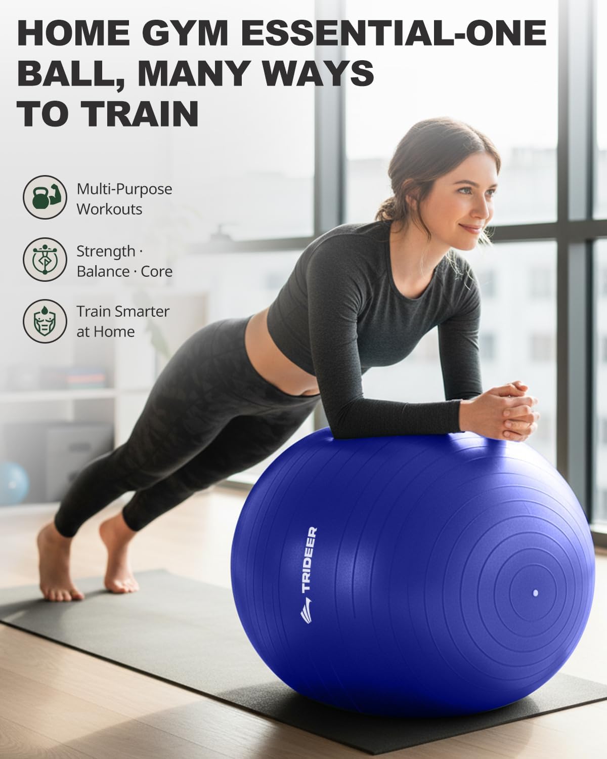 Trideer Exercise Ball for Yoga, Pilates & Fitness – Stability Ball Equipment for Home Gym & Office Chair, Core & Balance Training Accessories, Physical Therapy Equipment, Quick Pump Included, 5 Sizes