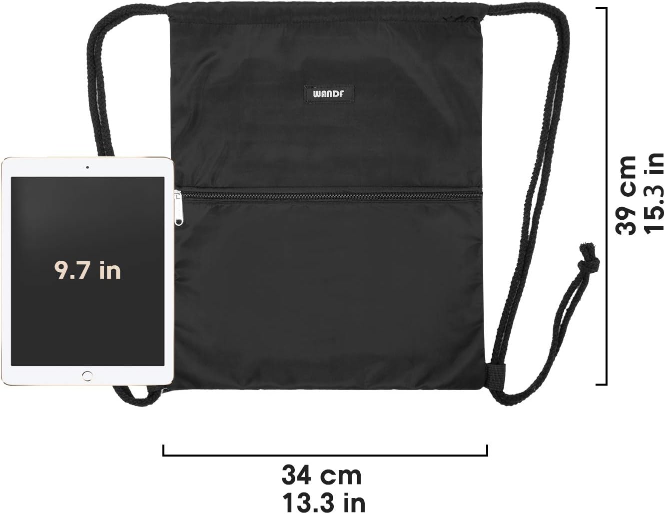 WANDF Drawstring Backpack String Bag Sackpack Cinch Water Resistant Nylon for Gym Shopping Sport Yoga (Black)