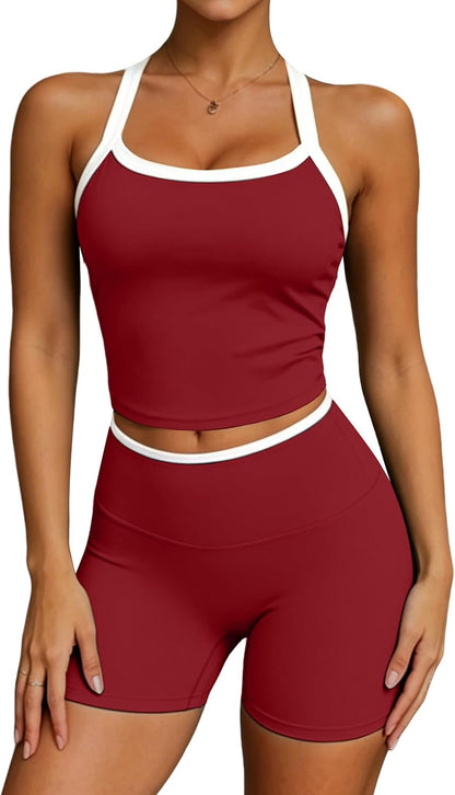 UOUA Womens Workout Set 2 Piece Gym Outfit High Waisted Tummy Control Shorts Halter Padded Sports Bra Tank Athletic Yoga Wear