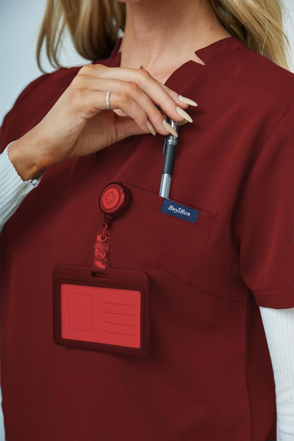 Women's V-Neck Scrubs Set With Cap, Stretchy Top and Jogger Pants, 11 Pockets Nursing Uniform