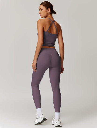 Women 2 Piece Workout Sets Padded Criss Cross Back Crop Tank High Waist Tummy Control Active Leggings Sets Yoga Outfit