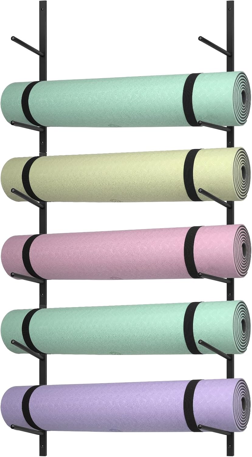 6 Tier Yoga Mat Rack,Yoga Mat Holder Wall Mount,Yoga Mat Storage Rack,Holds 30 lbs for Foam Rollers,Resistance Bands,Home Gym
