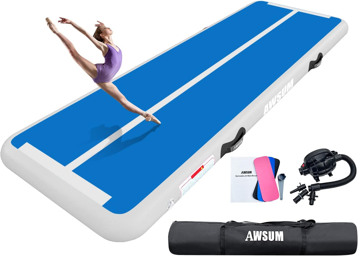 AWSUM Inflatable Gymnastics Mat 10ft/13ft/16ft/20ft/23ft Training mat 4/8 inches Thick tumbling mat with Electric Pump for Home/Gym/Outdoor