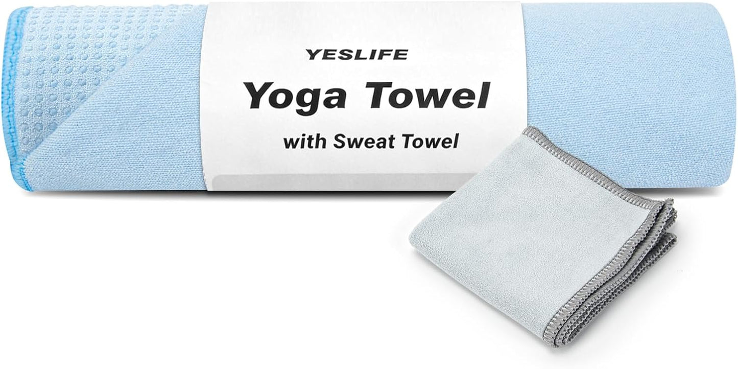 YESLIFE Non-Slip Extra Thick Hot Yoga Towel with One Sweat Towel, Microfiber Sweat Absorbent Yoga Mat Towel with Grip Dot, Pilates Mat, 72" x 24", Light Blue