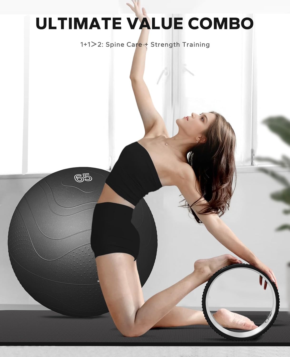 HAPBEAR Back Roller - Yoga Wheel Set with 26'' Exercise Ball – 12'' PP Inner Core Spine Alignment Tool for Back Pain Relief, Core Strength & Full-Body Workout, for Home Gym & Therapy – Pump Included