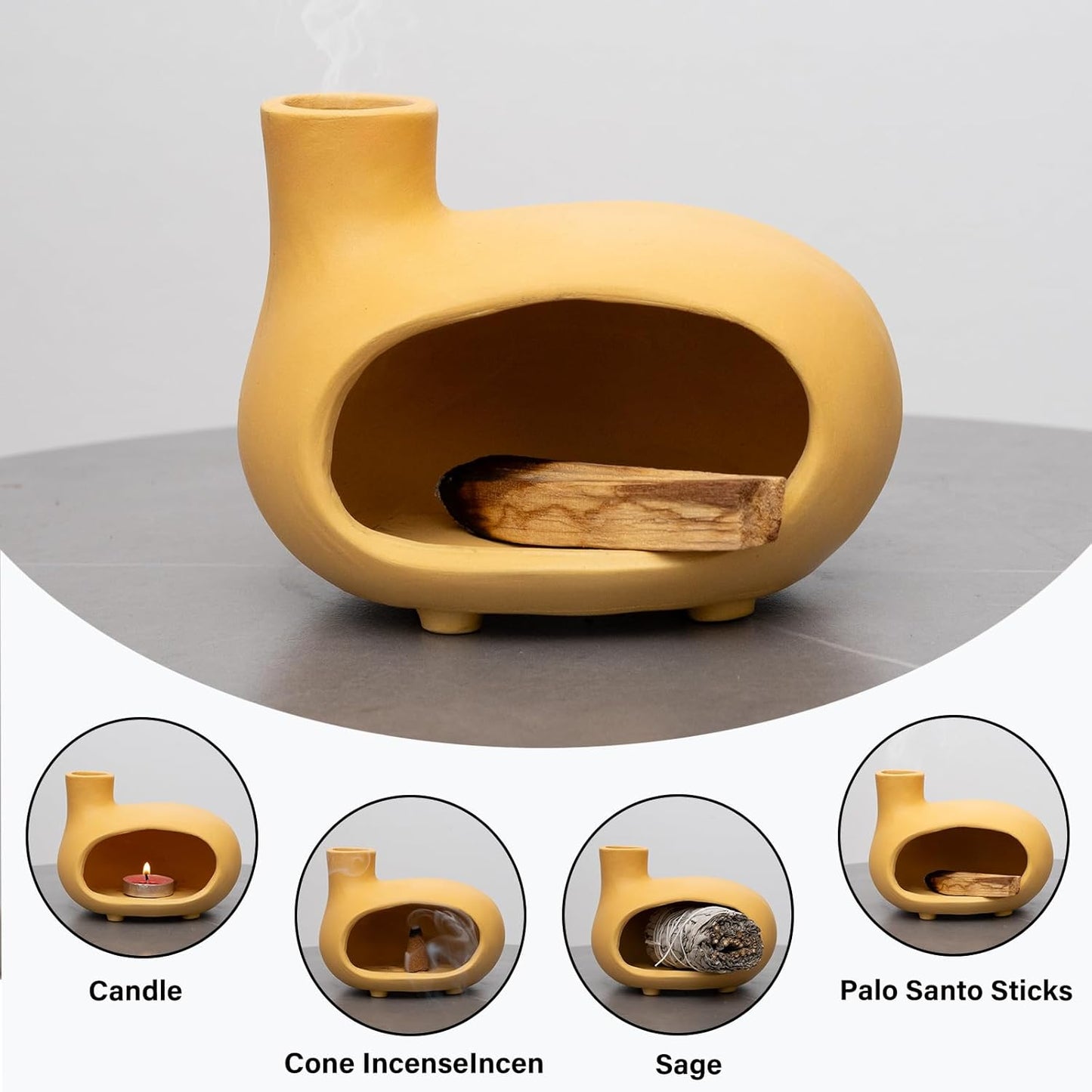 MOUGIGI Terracotta Palo Santo Holder - Modern Chiminea Incense Burner for Yoga, Meditation, and Energy Cleansing - Wood Sticks Dish, Sage Ash Catcher, Smudge Bowl, Cone Burner - Unique Meditation Gift