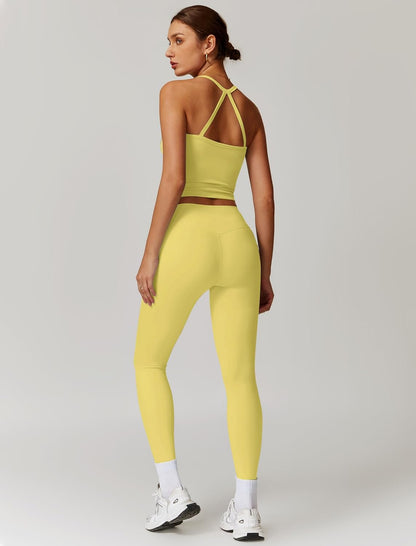 Women 2 Piece Workout Sets Padded Criss Cross Back Crop Tank High Waist Tummy Control Active Leggings Sets Yoga Outfit