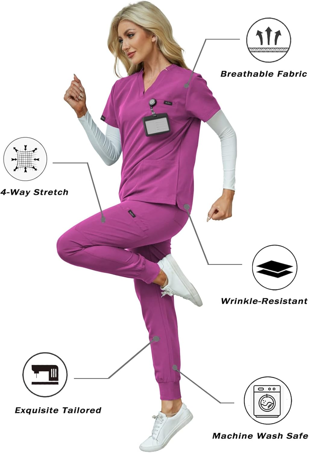 Women's V-Neck Scrubs Set With Cap, Stretchy Top and Jogger Pants, 11 Pockets Nursing Uniform