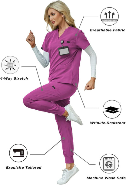 Women's V-Neck Scrubs Set With Cap, Stretchy Top and Jogger Pants, 11 Pockets Nursing Uniform