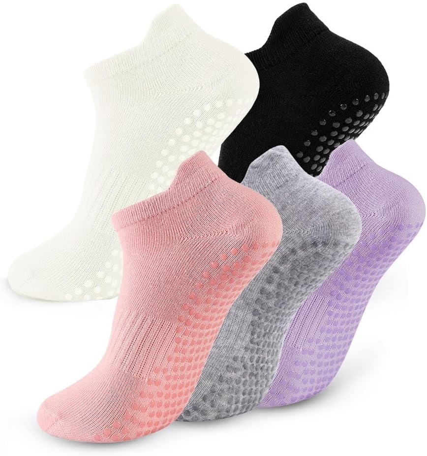 5 Pairs Pilates Socks with Grips for Women Non Slip Grip Yoga Crew Socks for Barre Hospital Barefoot Workout