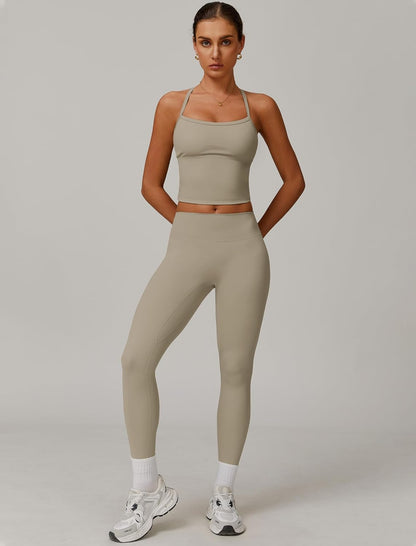 Women 2 Piece Workout Sets Padded Criss Cross Back Crop Tank High Waist Tummy Control Active Leggings Sets Yoga Outfit