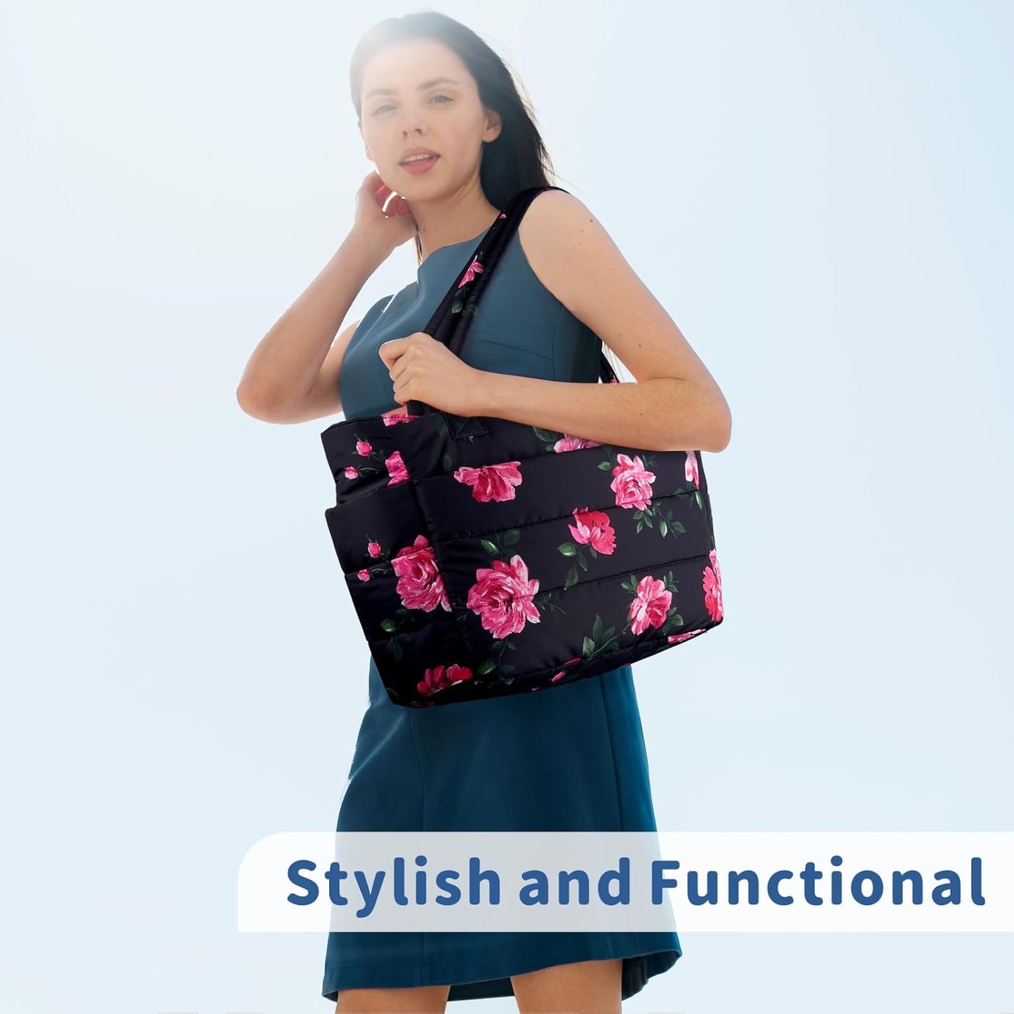 TOPDesign Puffer Tote Bag for Women, Lightweight Puffy Handbag with Compartments, Quilted Shoulder Bag for Work, Travel, Gym - Colors B