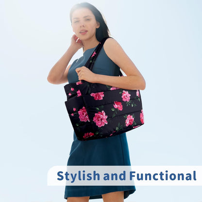 TOPDesign Puffer Tote Bag for Women, Lightweight Puffy Handbag with Compartments, Quilted Shoulder Bag for Work, Travel, Gym - Colors B
