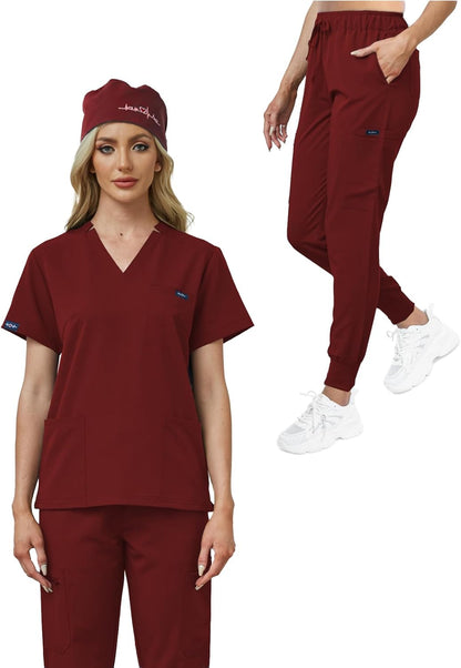 Women's V-Neck Scrubs Set With Cap, Stretchy Top and Jogger Pants, 11 Pockets Nursing Uniform